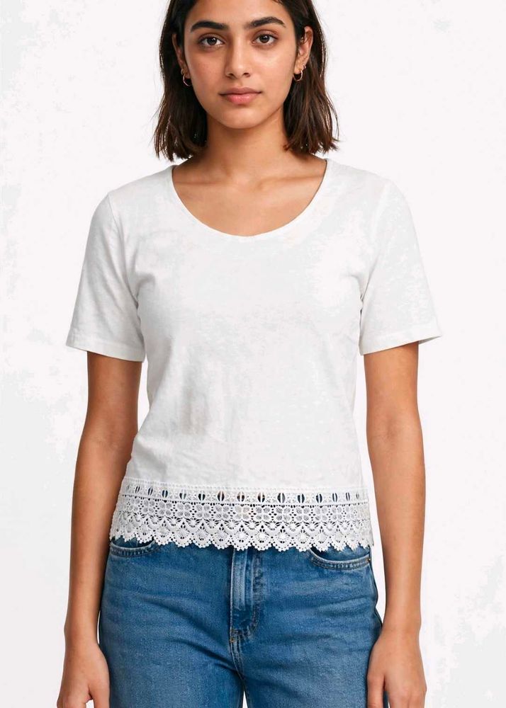 White Lace Trim V-Neck Top