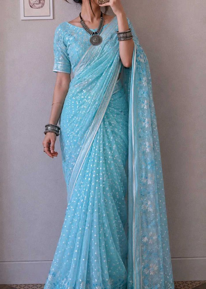 Sky Blue Embroidered Saree