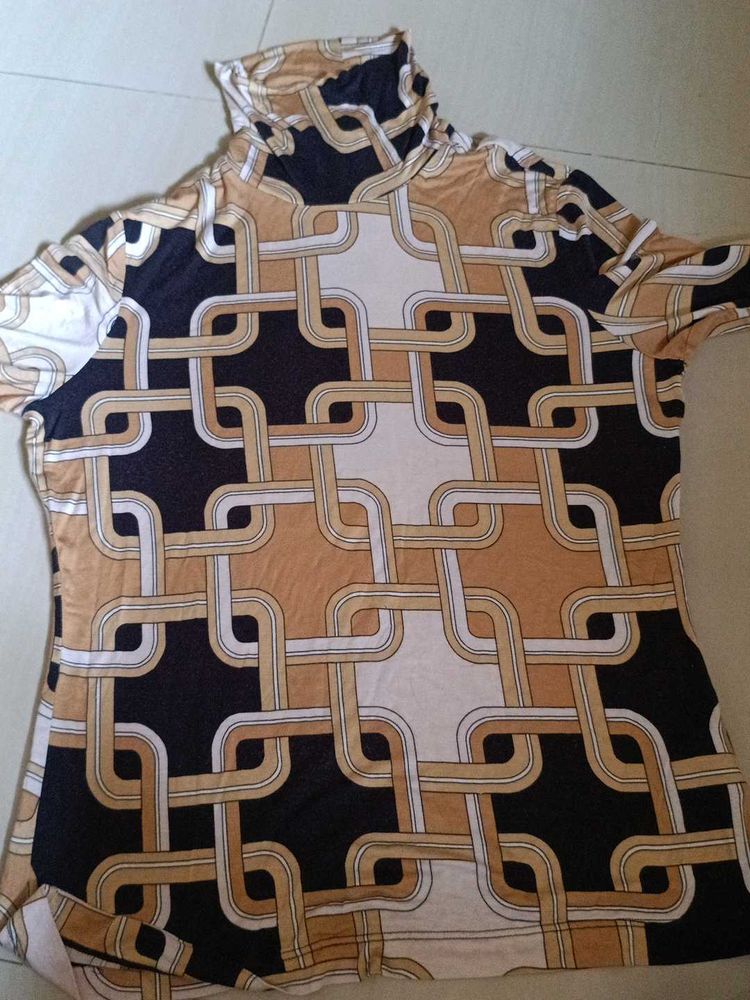 Retro Geometric Print Turtleneck Top