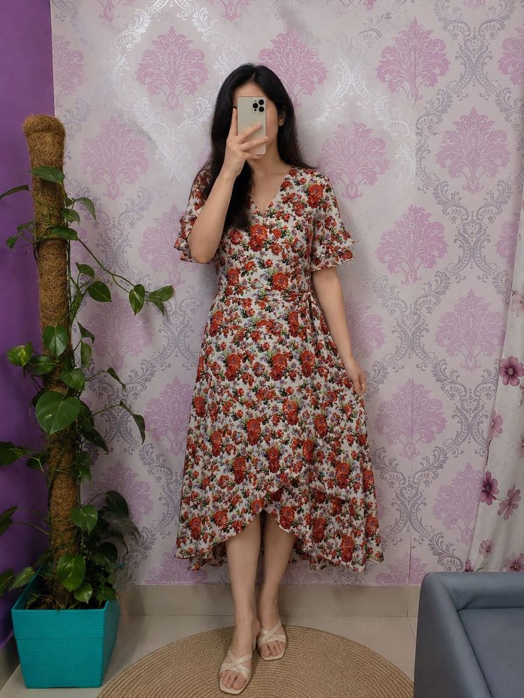 Floral Print Midi Wrap Dress