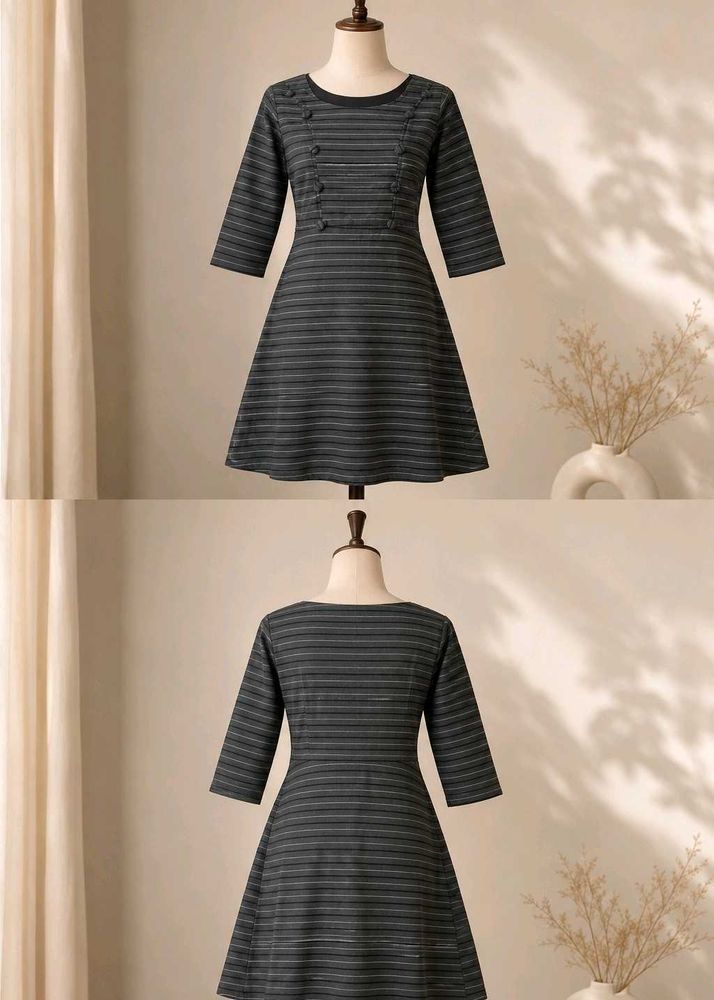 Striped A-Line Dress with Button Detail