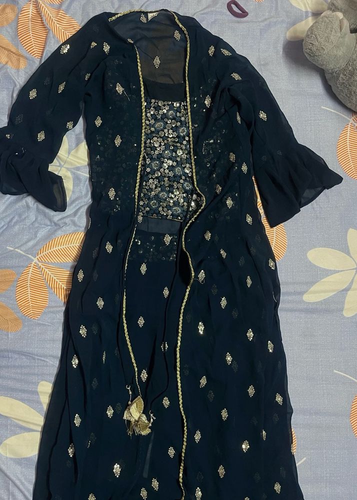 Embellished Navy Blue Kurta Set with Jacket