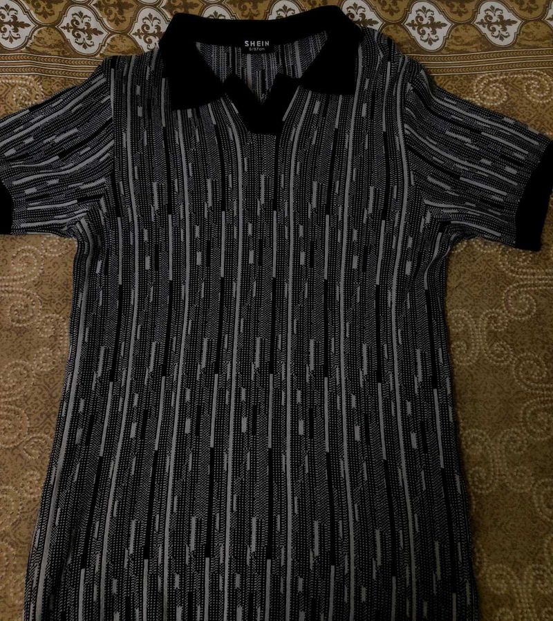 SHEIN Knit Pattern Polo Shirt | Black &amp; Grey | 100