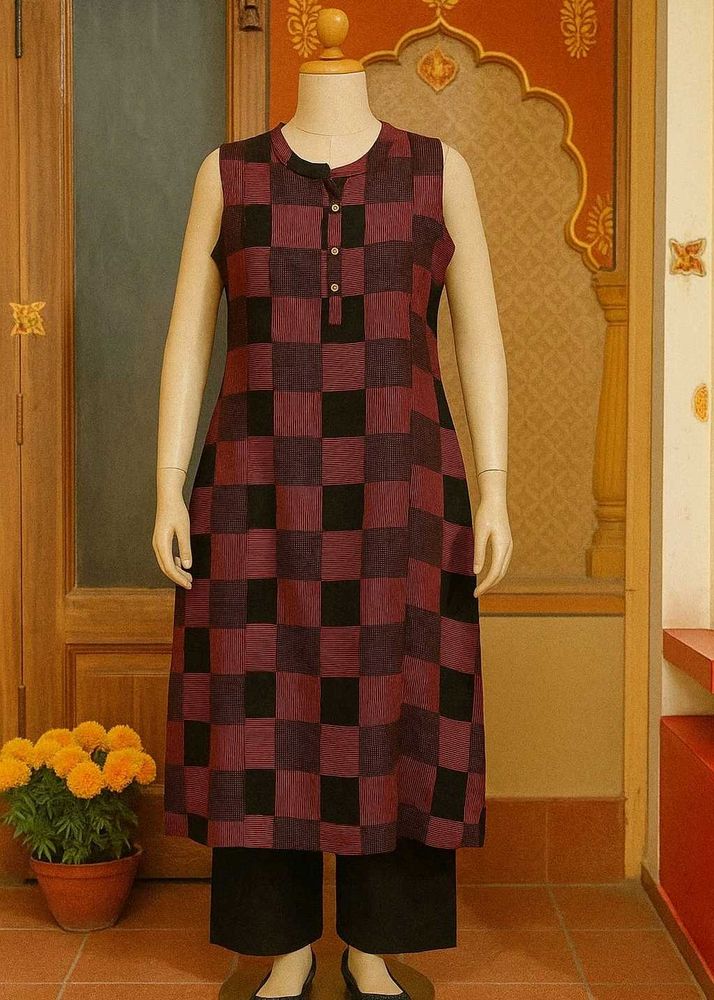 Maroon &amp; Black Checkered Sleeveless Kurta