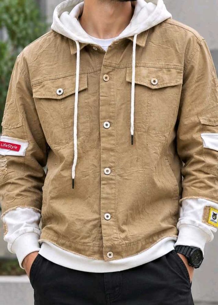 V-CHANGE Stylish Beige Distressed Hooded Jacket