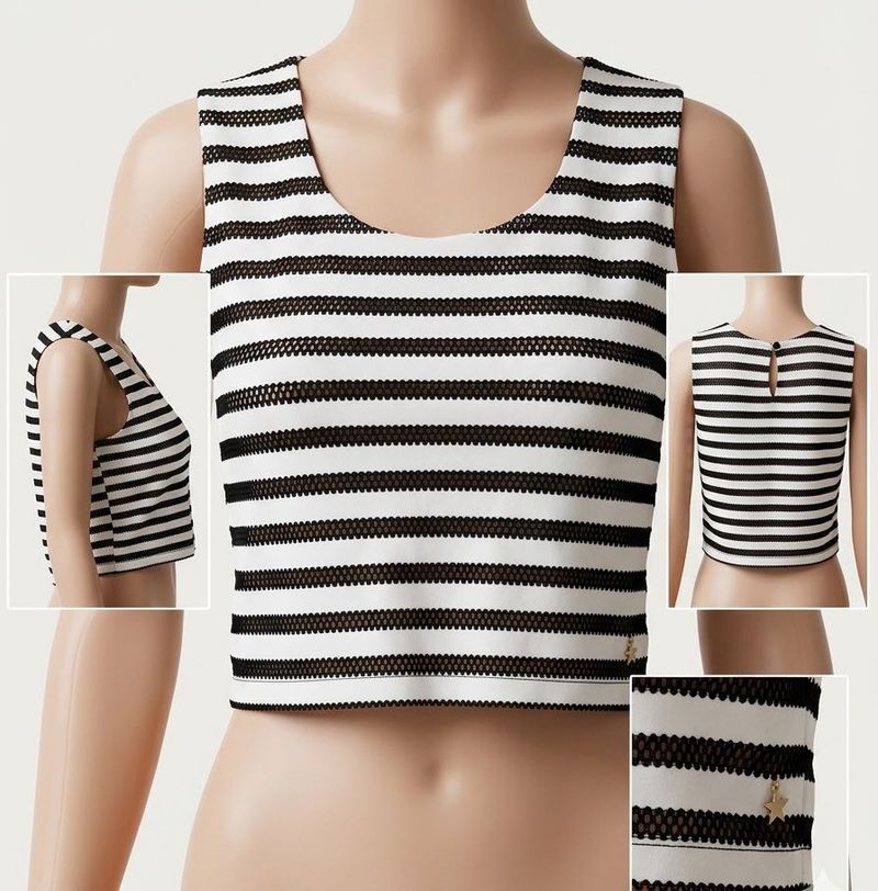 Black &amp; White Striped Mesh Crop Top – Sleeveless B