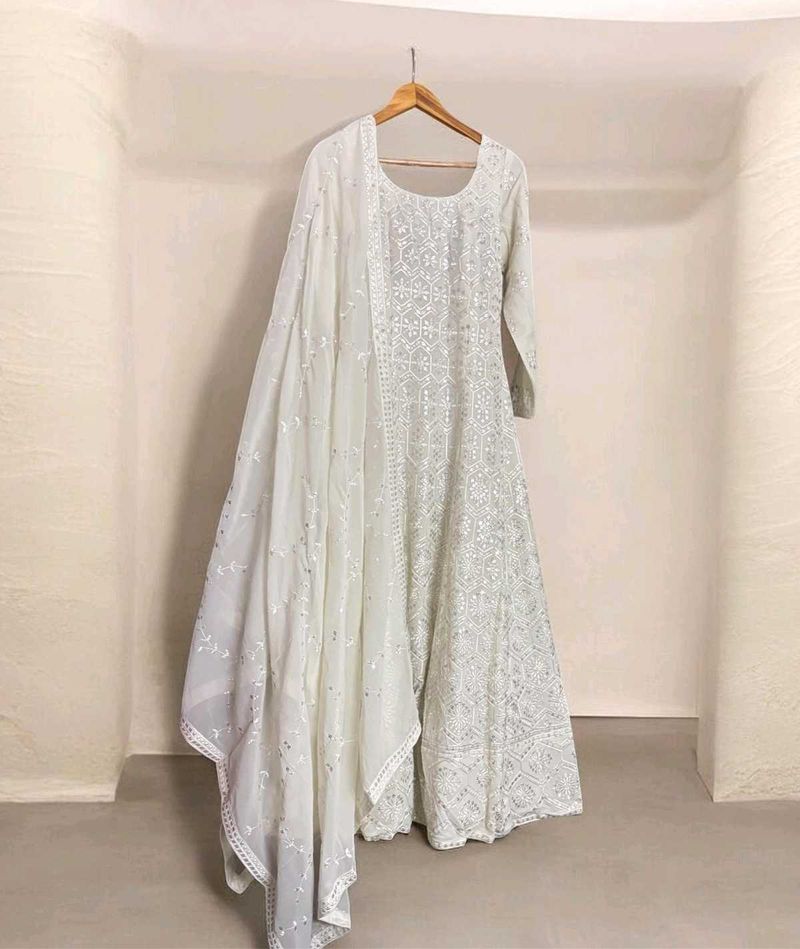 White Anarkali Gown with Dupatta