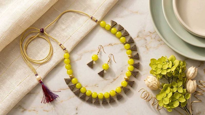 Yellow Beaded Necklace &amp; Earrings Set