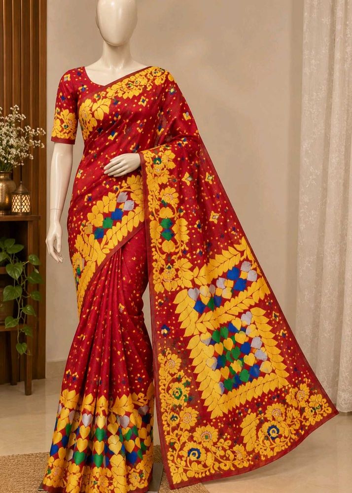 Vibrant Red Saree with Floral Motifs