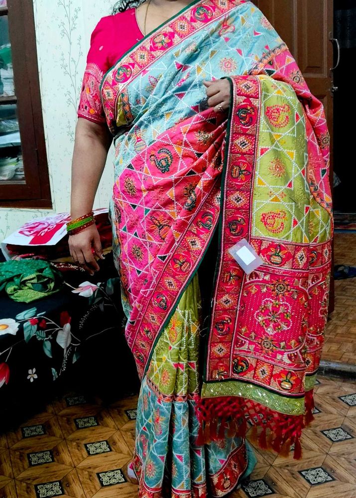 Pastel Multicolour Embroidered Saree