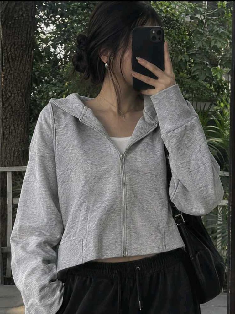 Cropped Grey Zip-Up Hoodie