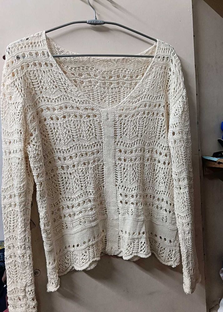 Cream Crochet Knit Sweater
