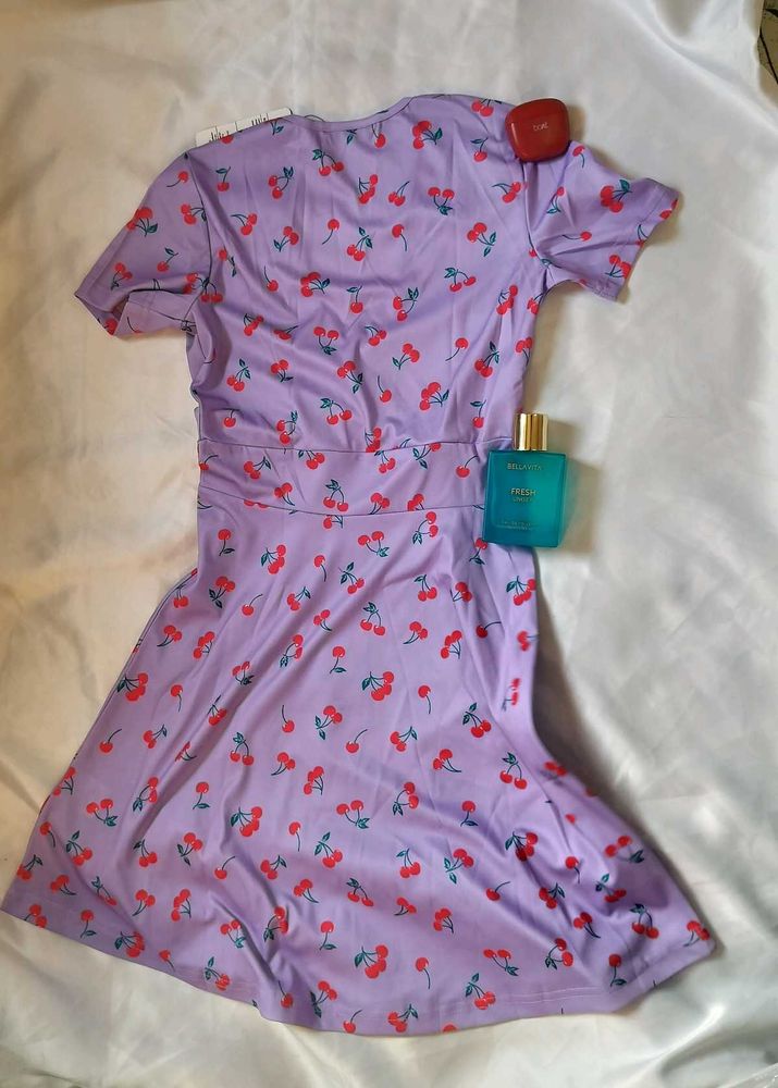 Cute Cherry Print Purple Dress Free delivery