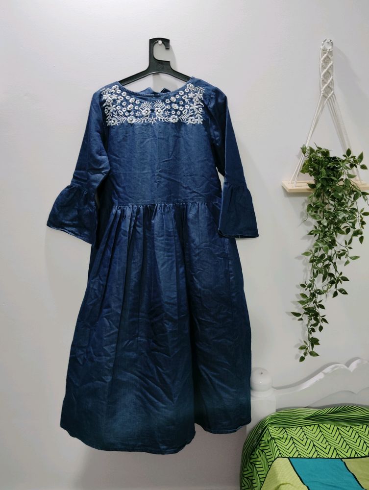 Denim Mid Floral Flower Print Design Frock