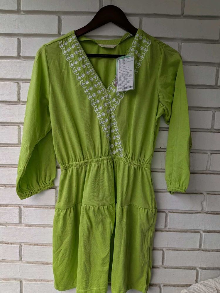 Lime Green Embroidered V-Neck Dress