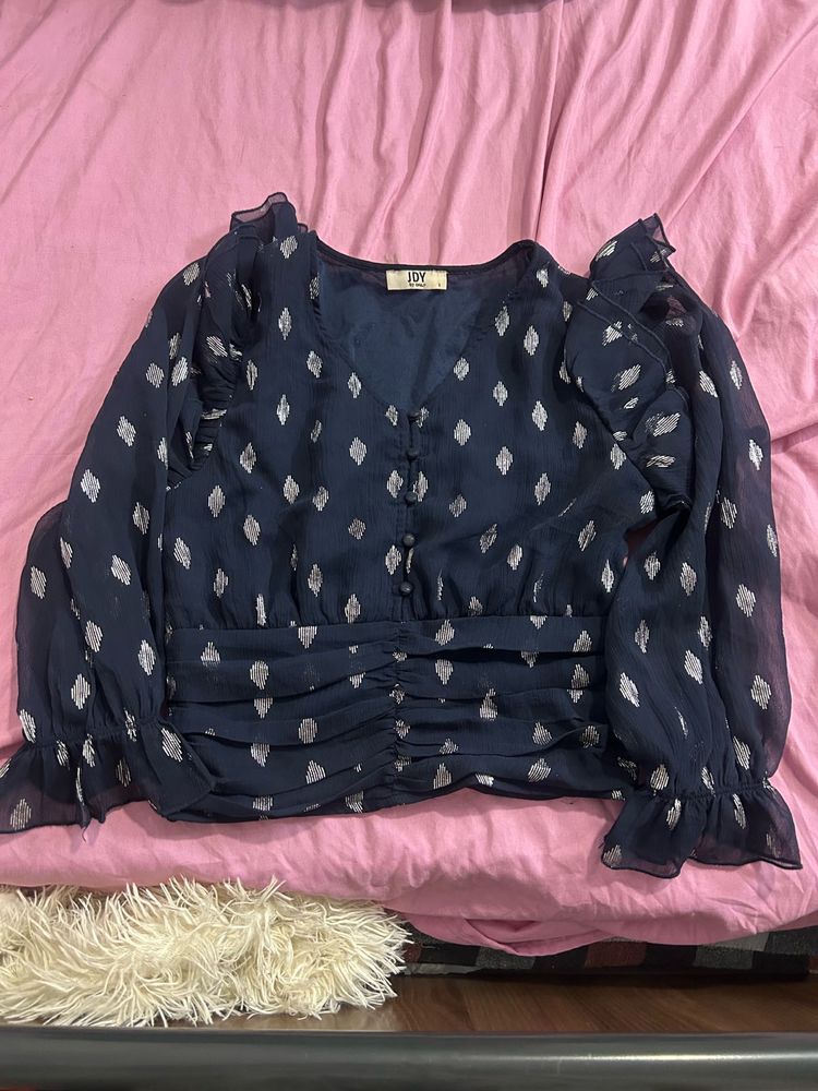 Elegant Navy &amp; Silver Diamond Print Blouse