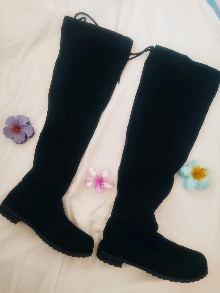 Black Velvet Knee-High Boots