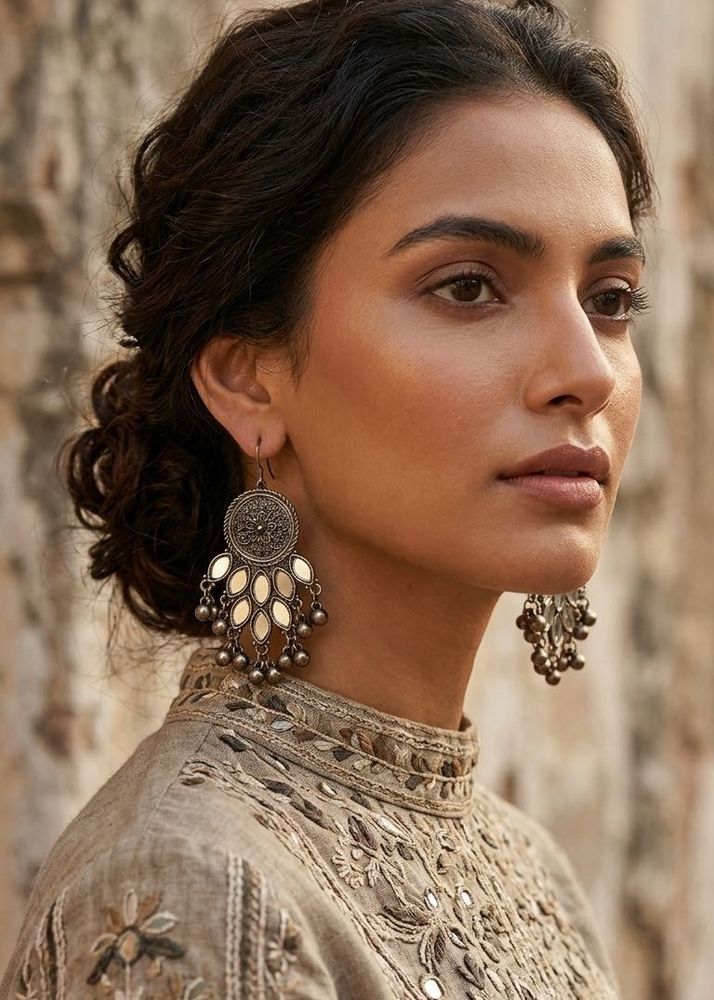 New Ethnic Oxidized Silver Mirror Earrings
