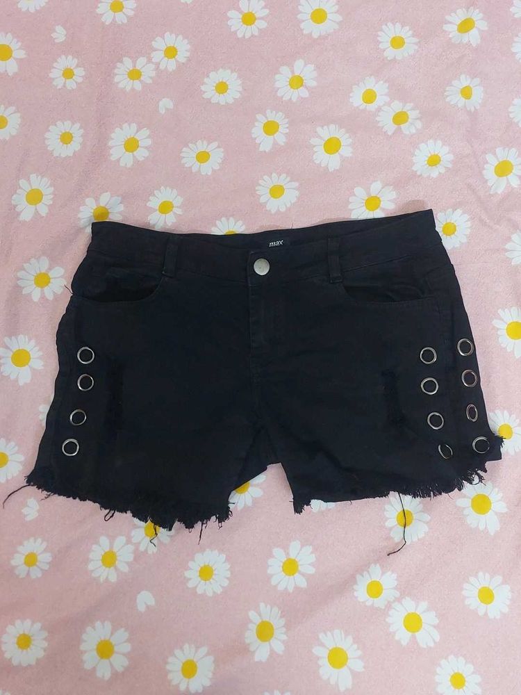 Black Denim Shorts with Grommets