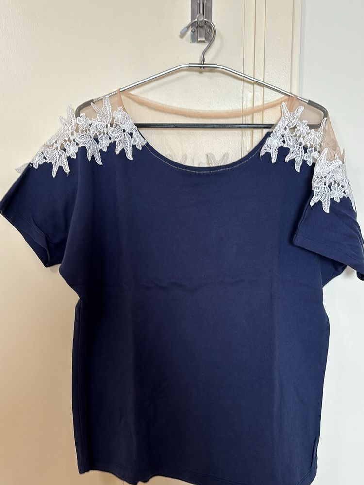 Navy Tee with Lace Shoulders