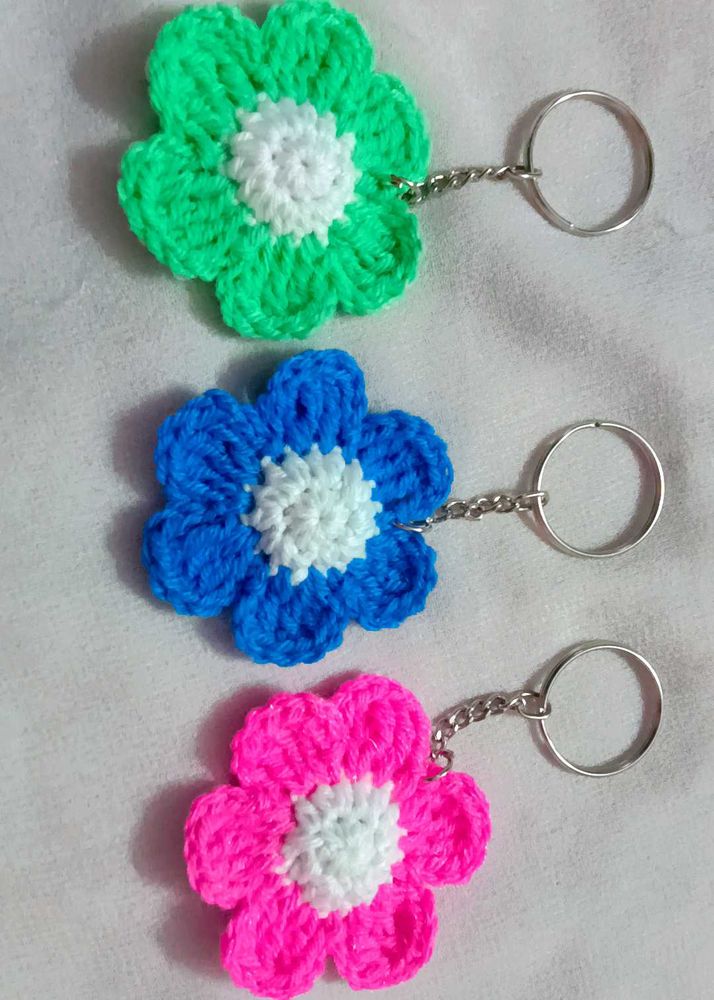 Handmade Crochet Flower Keychains (Set of 3)