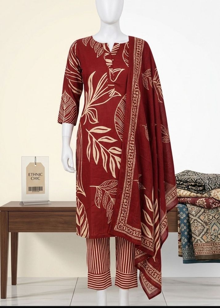 Brown Floral Print Kurta Set with Dupatta