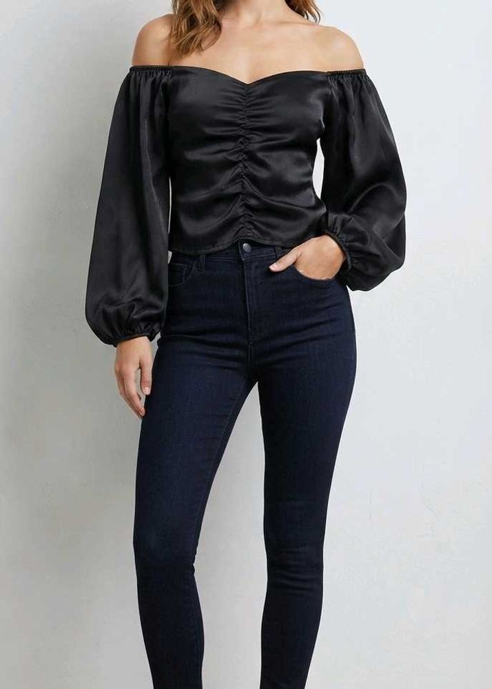 Black Satin Ruched Puff Sleeve Top