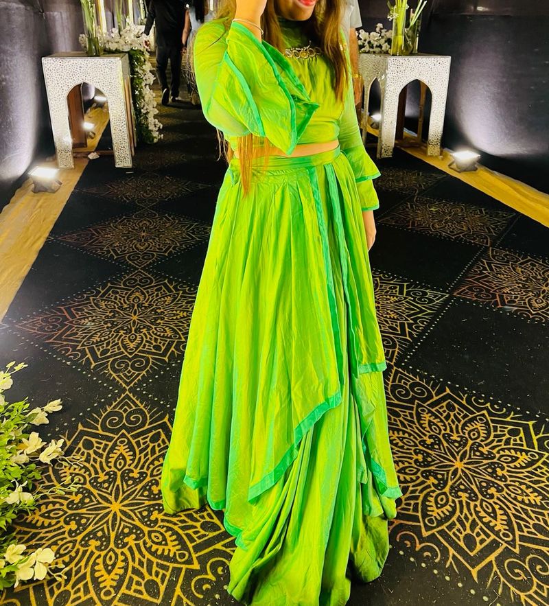 Lime Green Designer Blouse Top Lehenga With Cancan