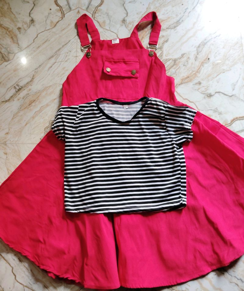 Pink Overalls Dress with Striped Top Set