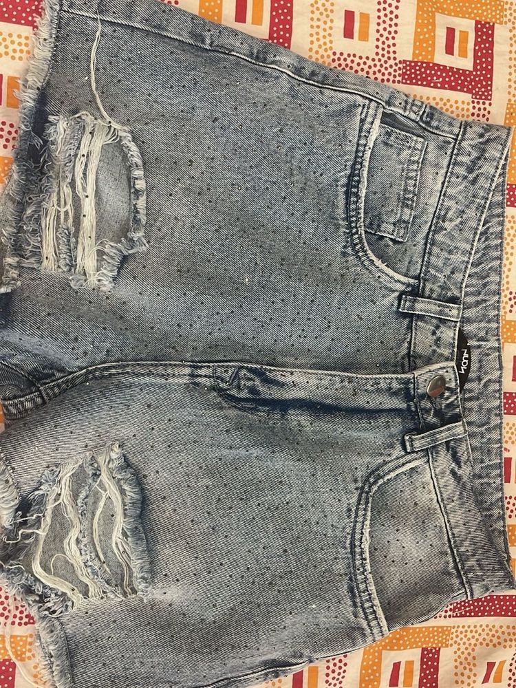Ripped Denim Shorts with Rhinestones
