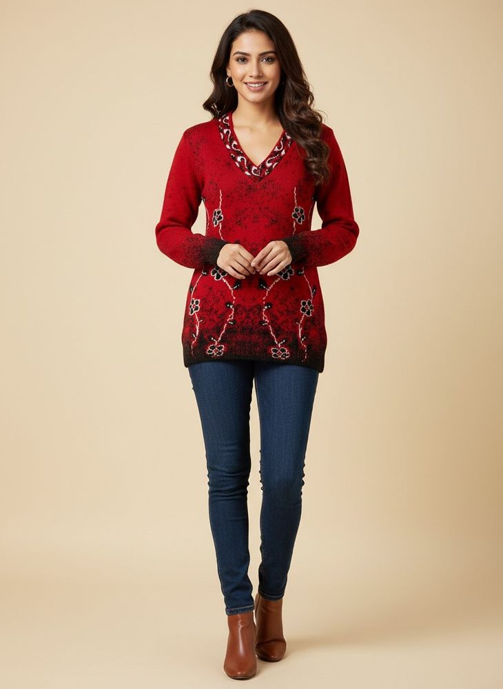 🌹❣️Red Floral V-Neck Knit Sweater🌹❣️