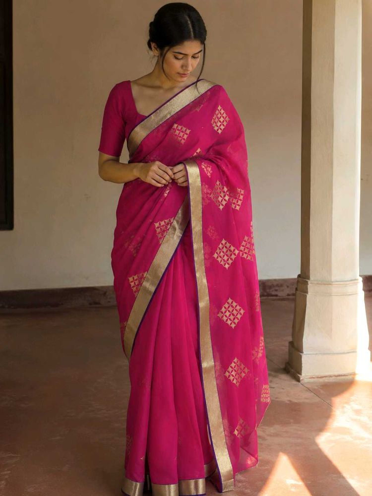 Elegant Pink Saree with beautiful Blue Customized