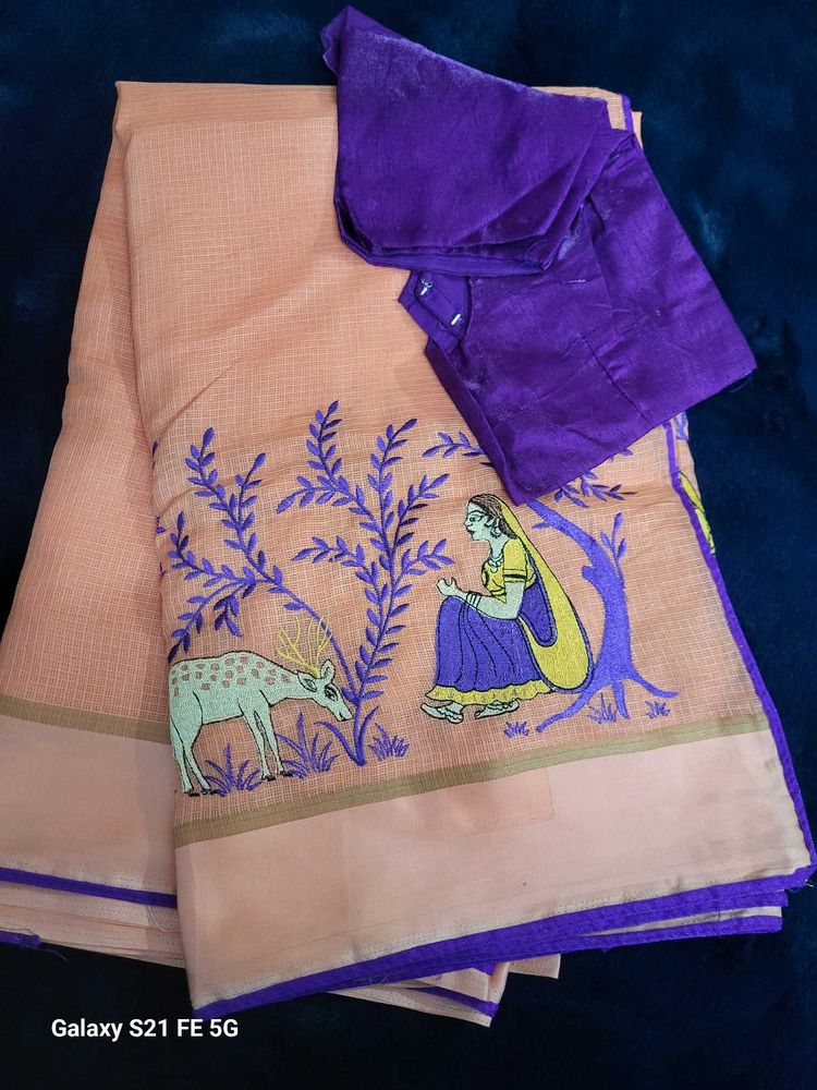 Elegant Peach Saree with Deer &amp; Woman Embroidery