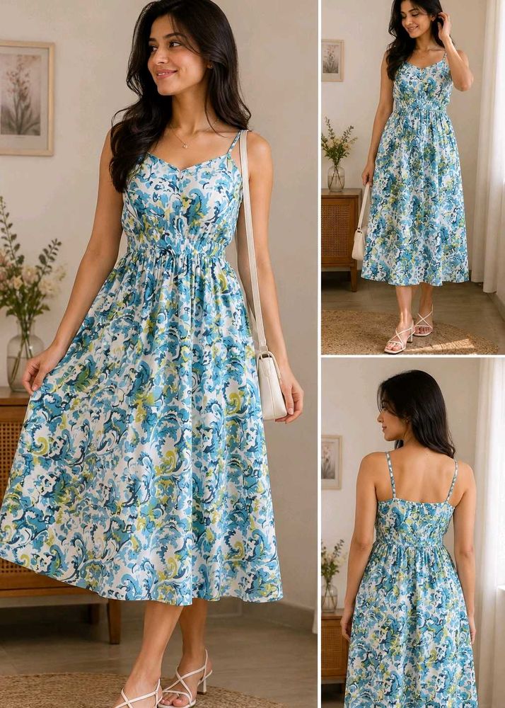 Blue &amp; White Printed Midi Dress Adjustable Straps