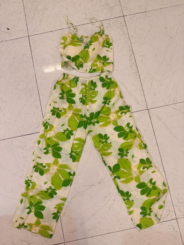 Crop Top Pant Coord Set | Fresh White Green Floral