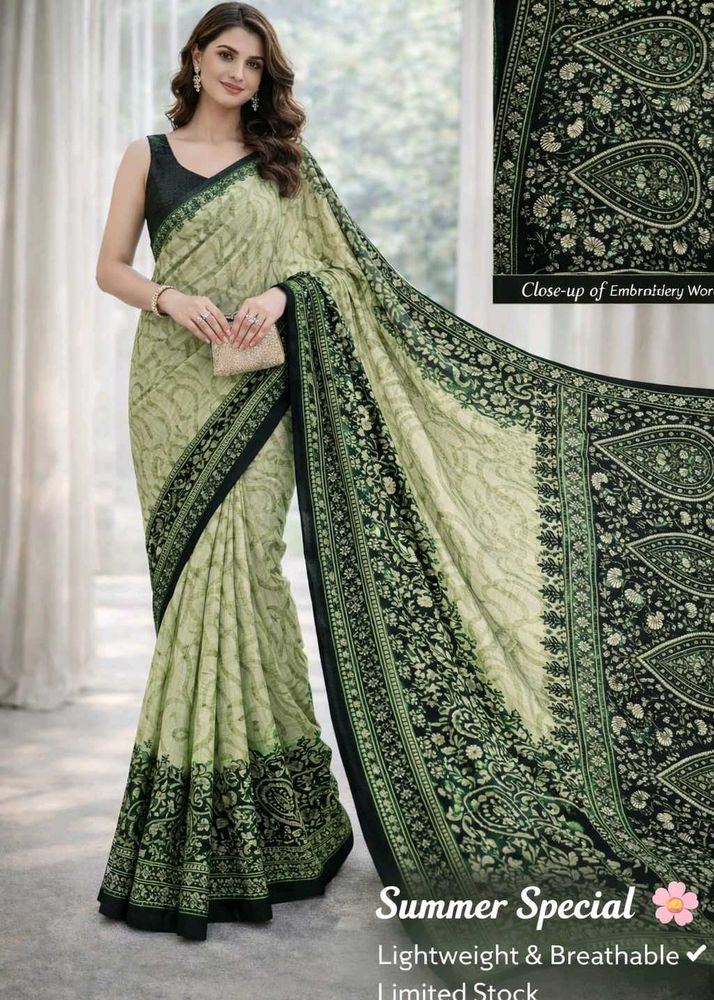 🇳🇿💫🎀Elegant Green &amp; Black Floral Print Saree