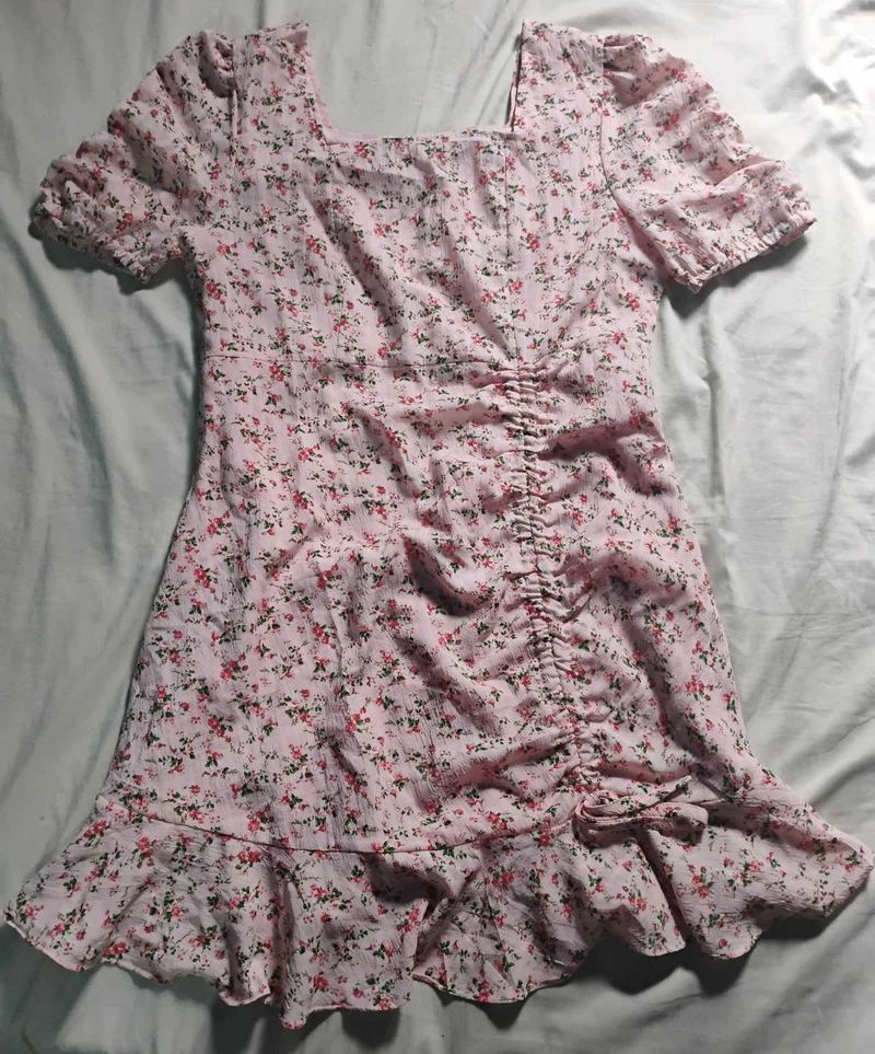 Pink Floral Puff Sleeve Mini Dress