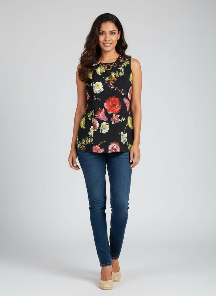 Floral Sleeveless Top with Necklace Detail