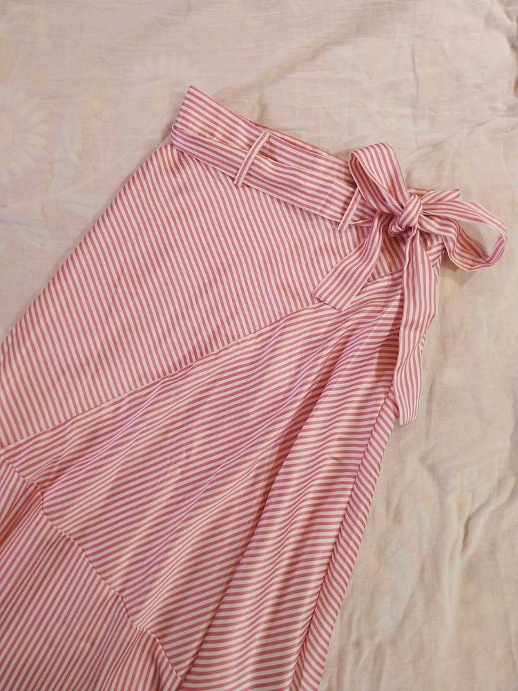 Chic Pink Striped Wrap Skirt with Bow