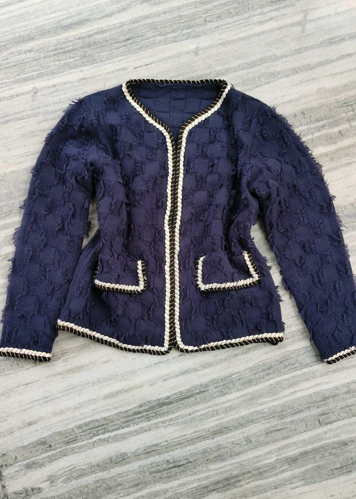 Elegant Textured Navy Blue tweed knit Jacket