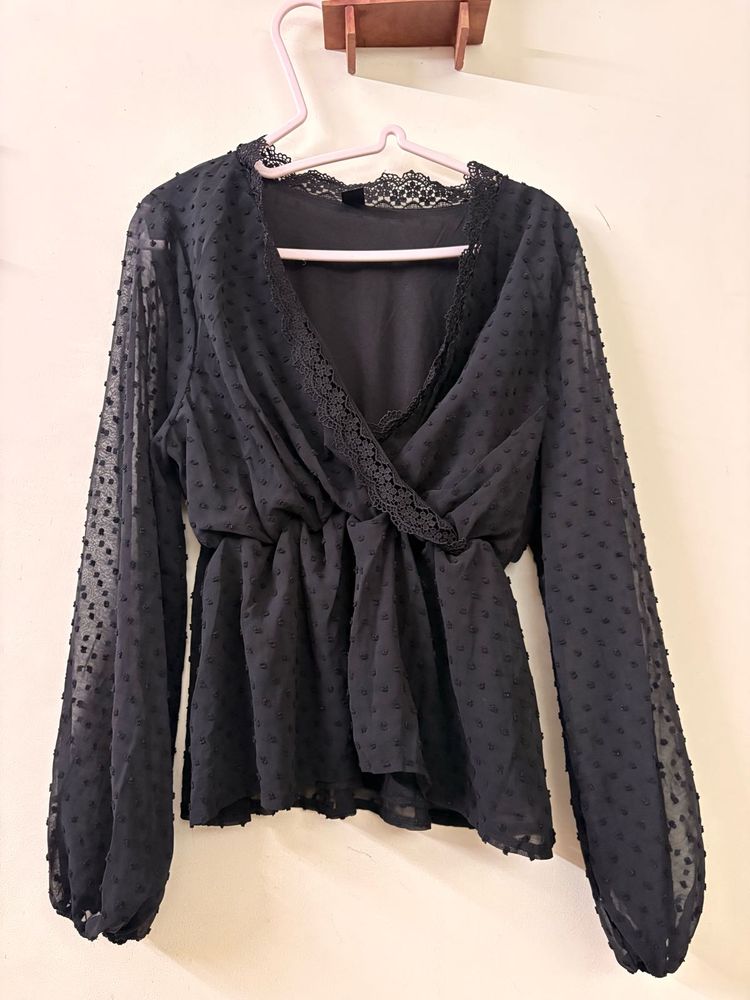 Sheer Black Dot Print Peplum Top