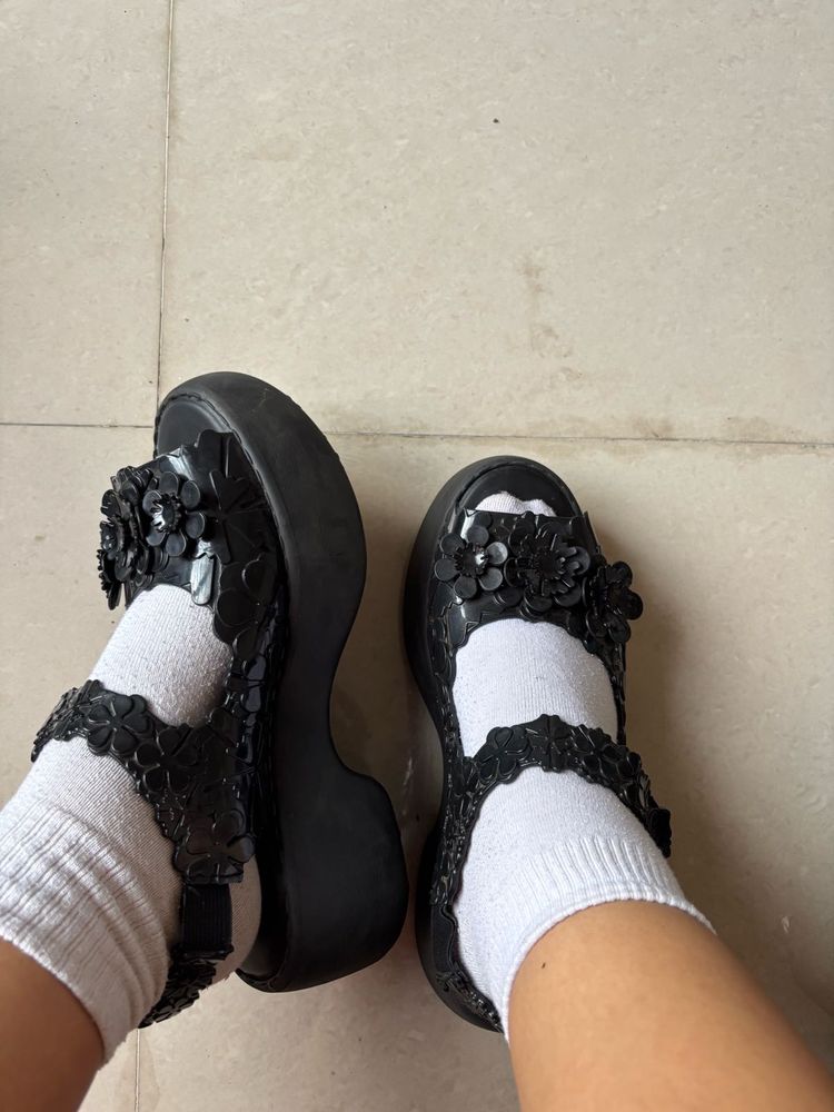 Black Floral Platform Sandals