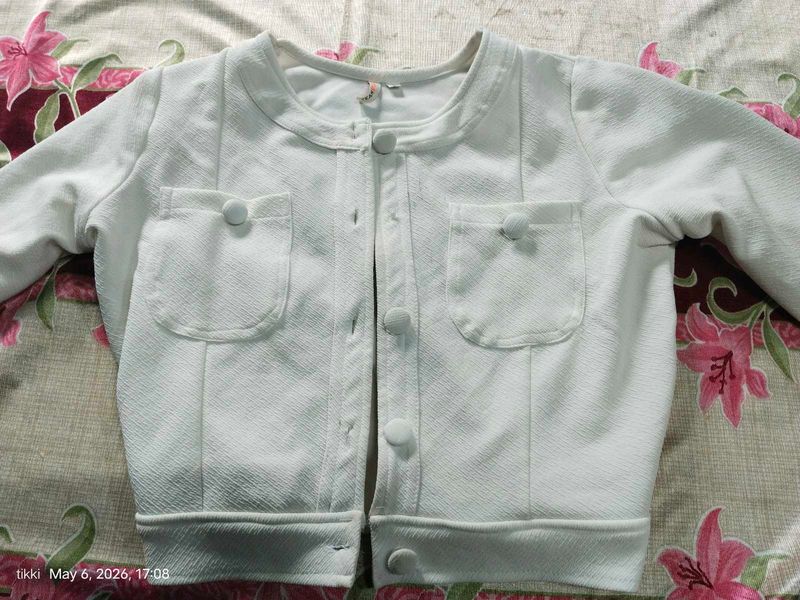 White Textured Cropped Jacket