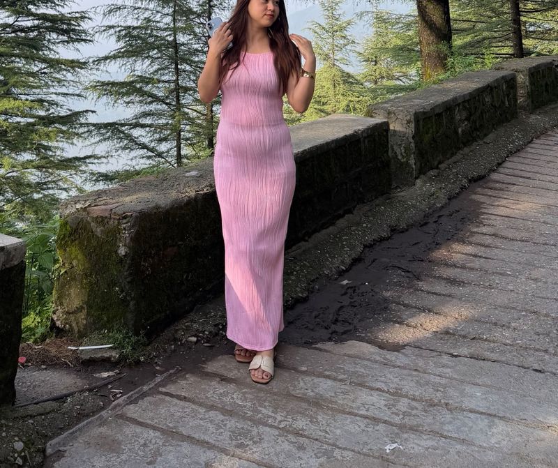 Pretty Pink Pleated Long Dress