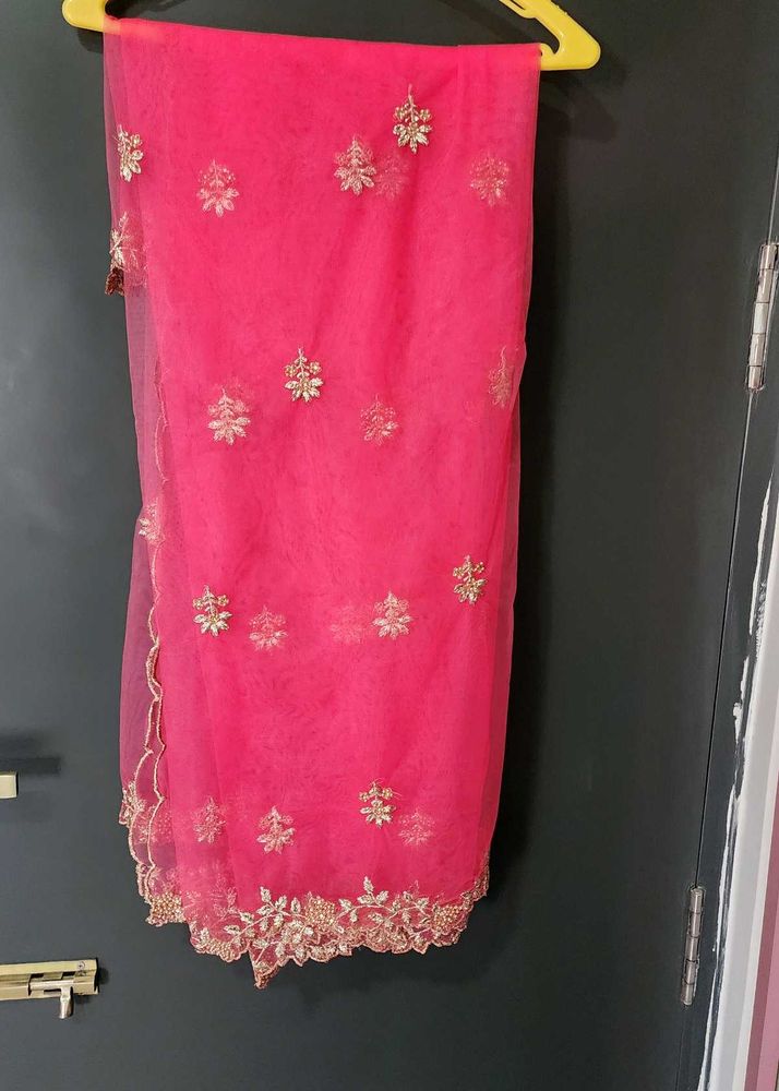 Vibrant Pink Embroidered Net Dupatta