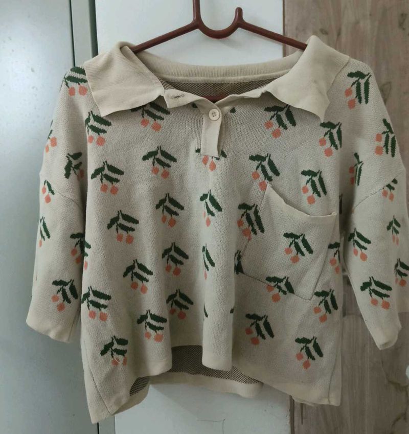 Cute Cherry Print Collared Sweater Top