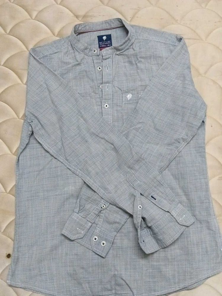 Men's Grey Mandarin Collar Shirt