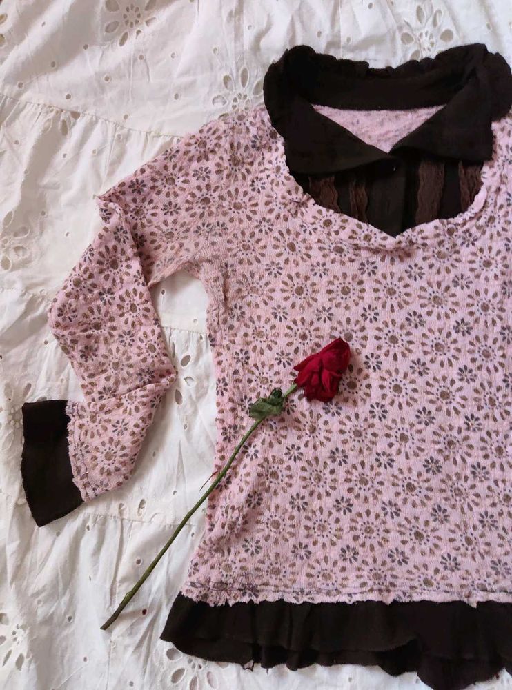 Korean Style and Y2K Pink-Brown Tshirt