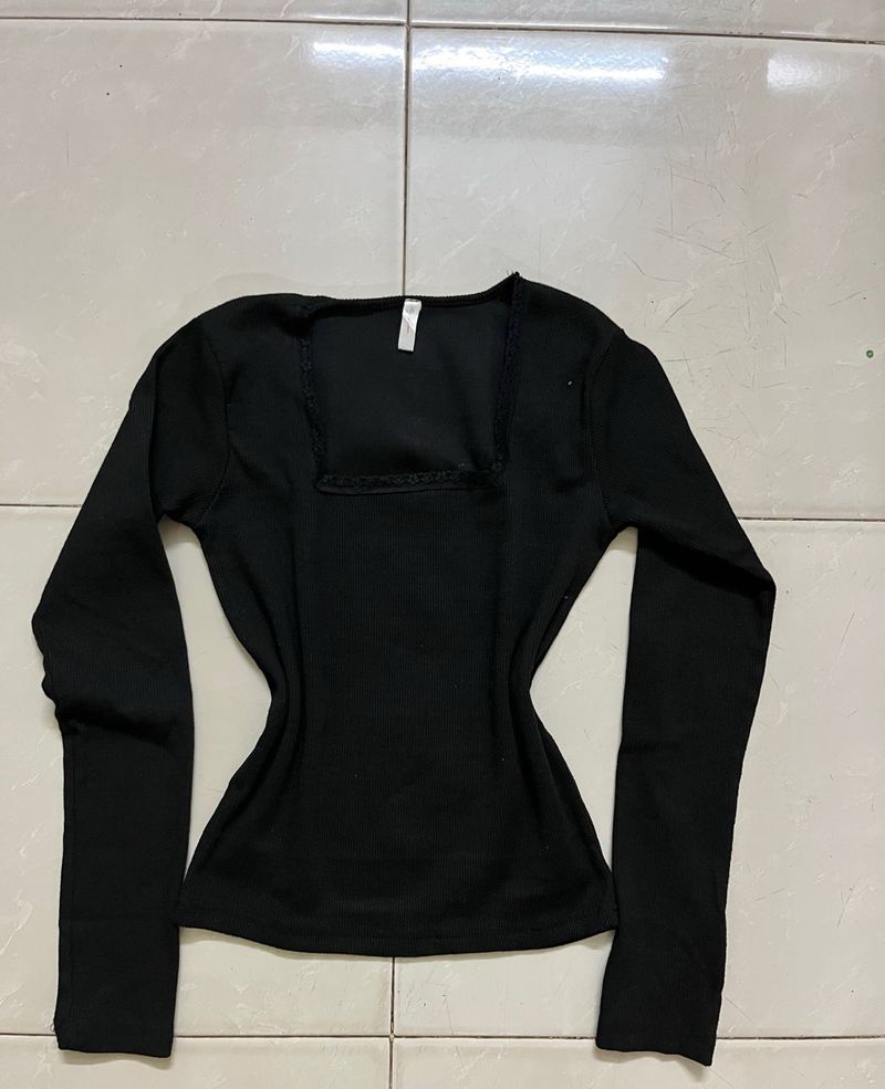 Black Lace ribbed long sleeve top sqaure neck
