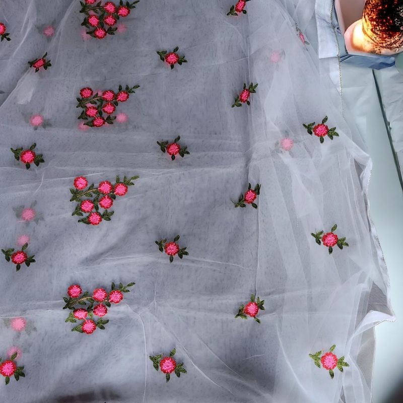 Brand New Pure White Embroidery Net Saree